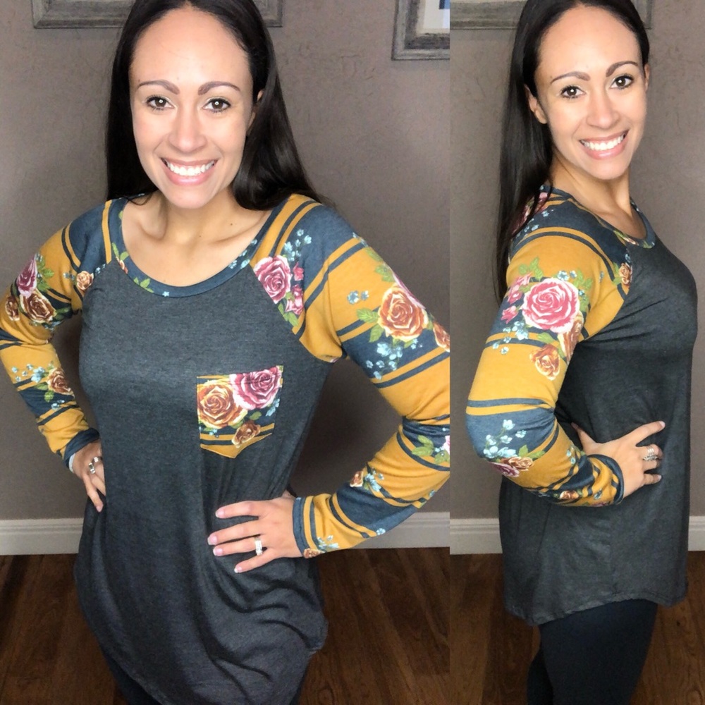 Mustard Floral Striped Crew Neck Long Sleeve Top